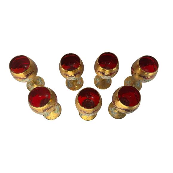 Tre Fuochi Murano Ruby Red Hand Painted Enamel 24KT Gold Overlay Stemware Set-7 - Picture 4 of 10